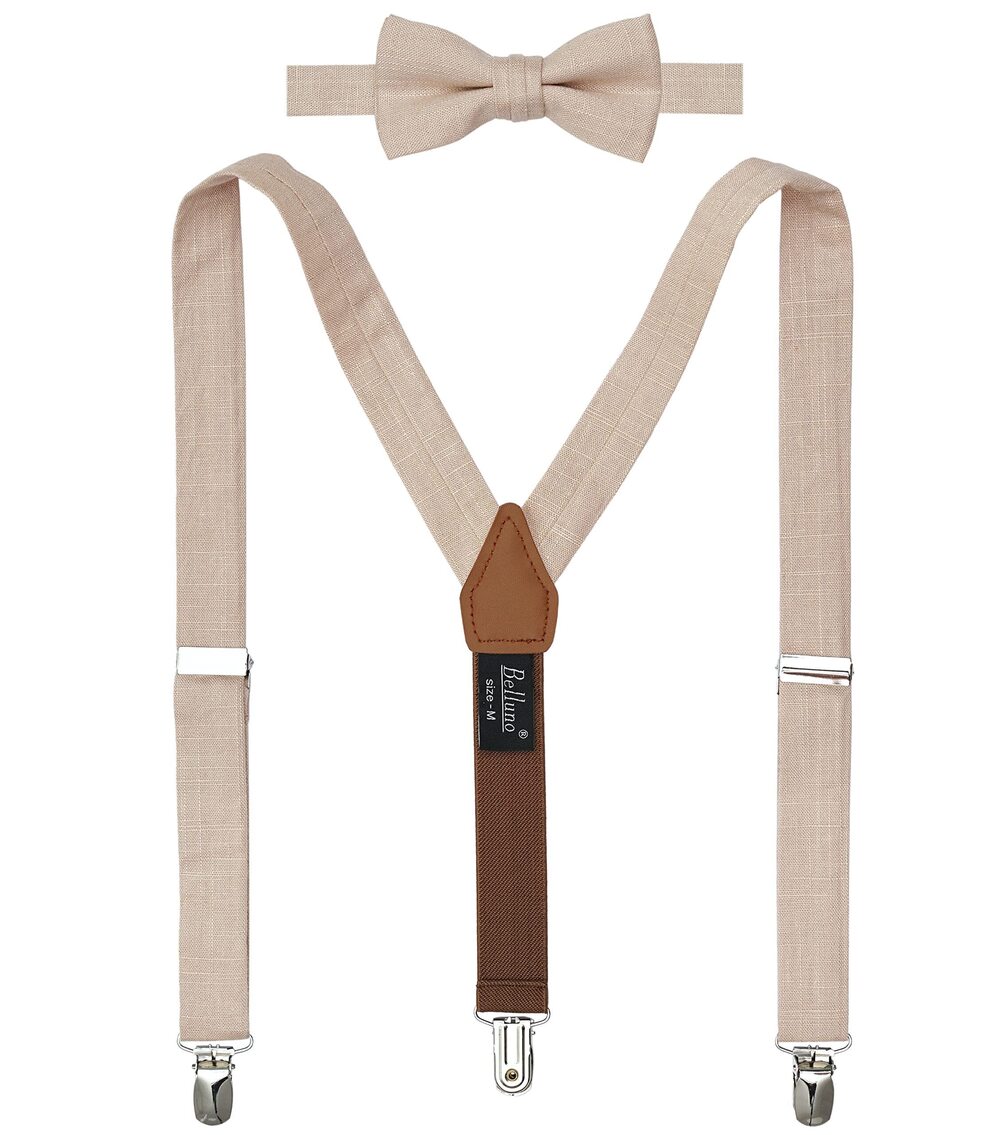 2691 Warm Beige Pre-tied Bow Tie and Suspenders Set, Cotton and Linen